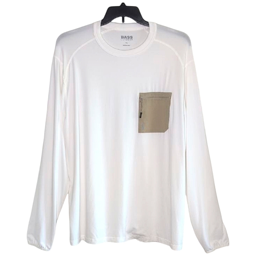 Bass Outdoor White Long Sleeve Tee Front Tan Zipper Pocket Men's XXL